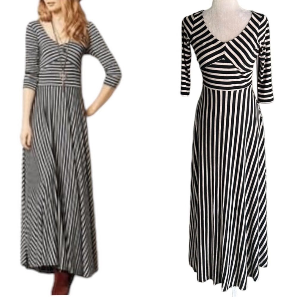Anthropologie Puella Black & Beige Striped 3/4 A-Line Jersey Knit Maxi Dress  XS